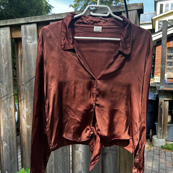Aritzia Tie Front Satin Blouse - Picture 1 of 6